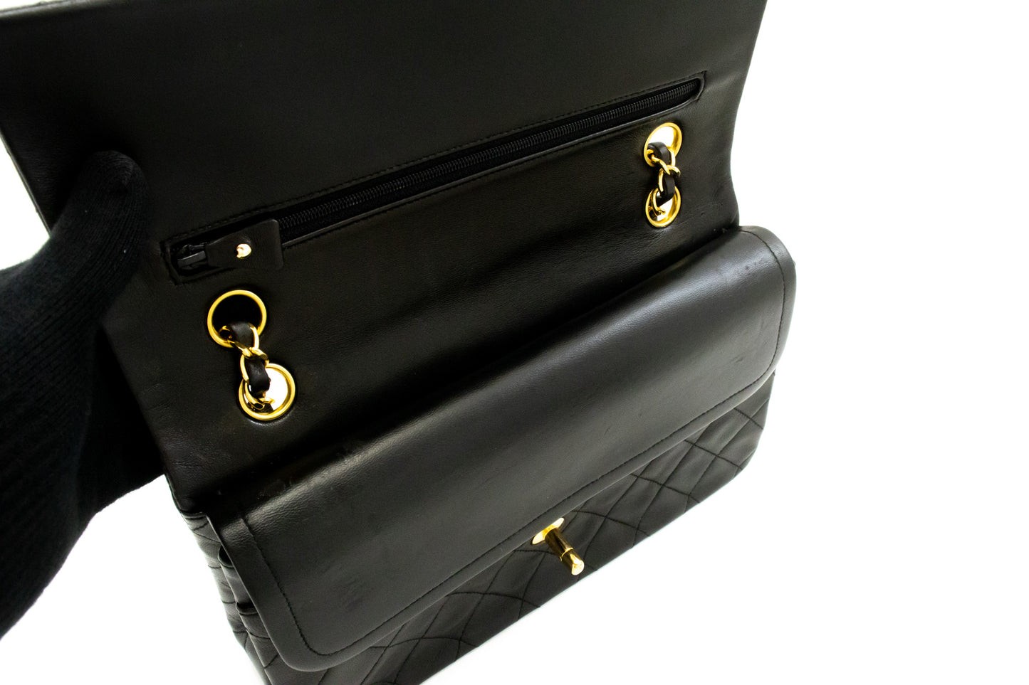 CHANEL Classic Double Flap 10" Ketten-Umhängetasche Schwarz Lammleder am1 hannari-shop