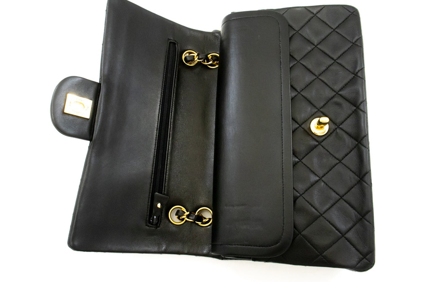 CHANEL Classic Double Flap 10" Ketten-Umhängetasche Schwarz Lammleder am1 hannari-shop