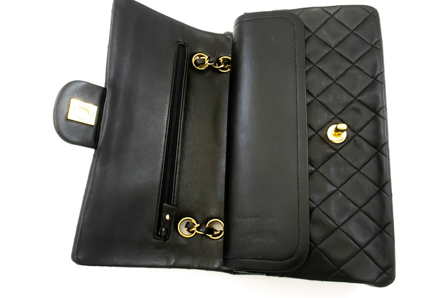 CHANEL Classic Double Flap 10" Ketten-Umhängetasche Schwarz Lammleder am1 hannari-shop