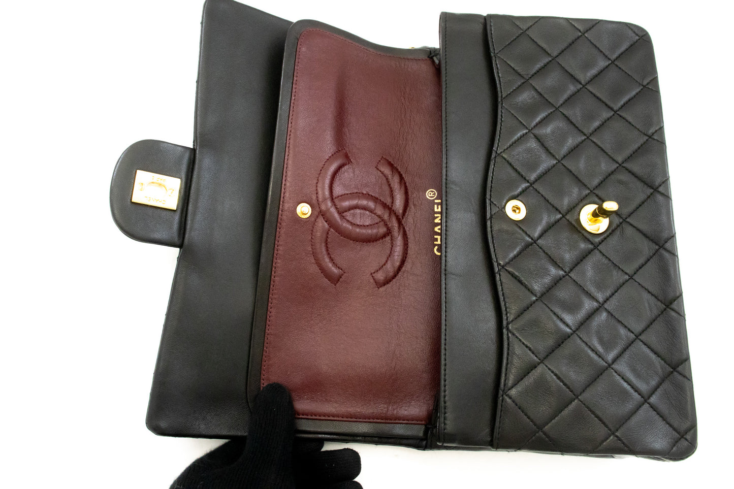 CHANEL Classic Double Flap 10" Ketten-Umhängetasche Schwarz Lammleder am1 hannari-shop