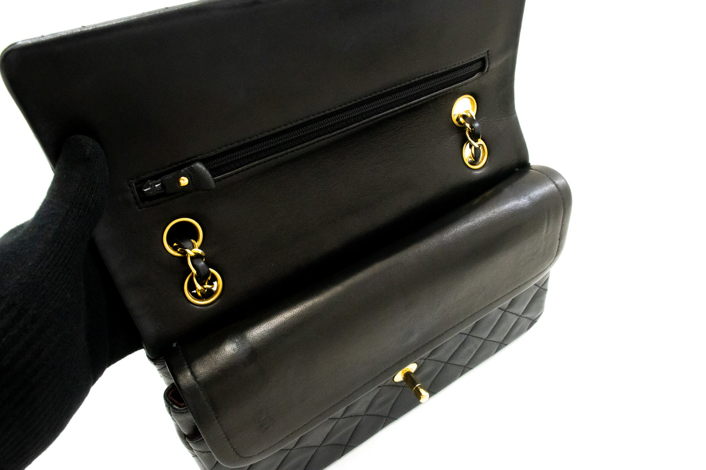 CHANEL Classic Double Flap 10" Kettenschultertasche aus schwarzem Lammleder am3 hannari-shop