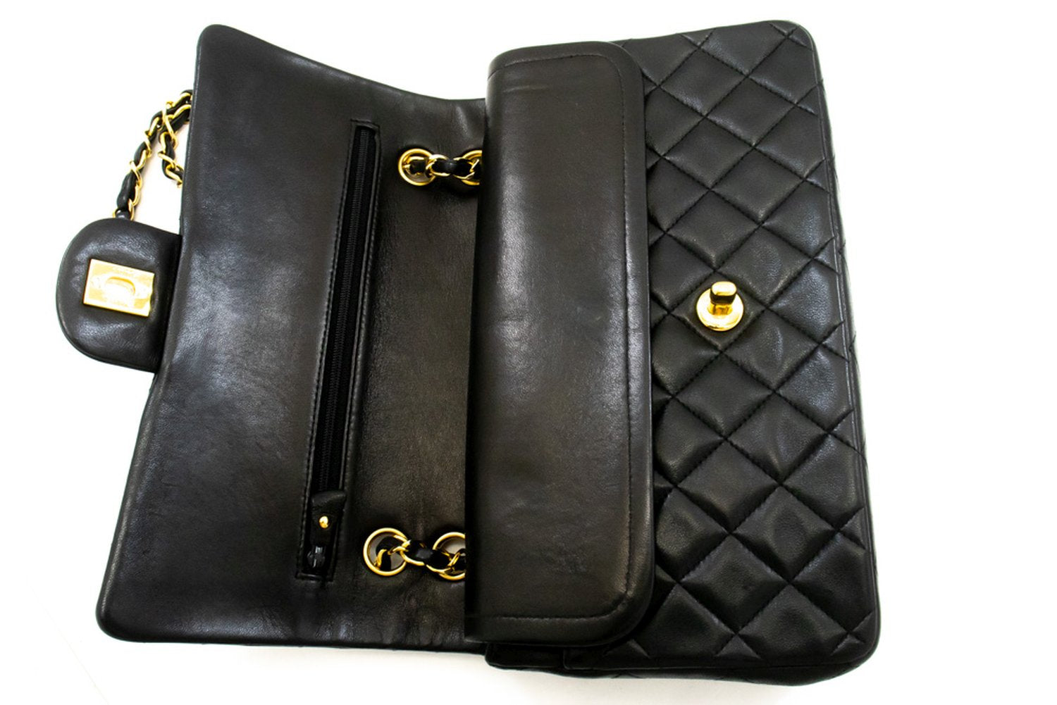 CHANEL Classic Double Flap 10" Kettenschultertasche aus schwarzem Lammleder am3 hannari-shop