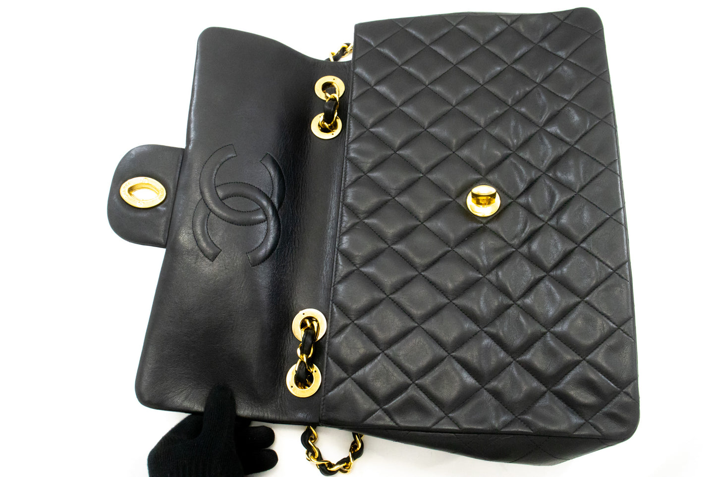 CHANEL Classic Large 13" Flap Chain Shoulder Bag Black Lambskin am4 hannari-shop