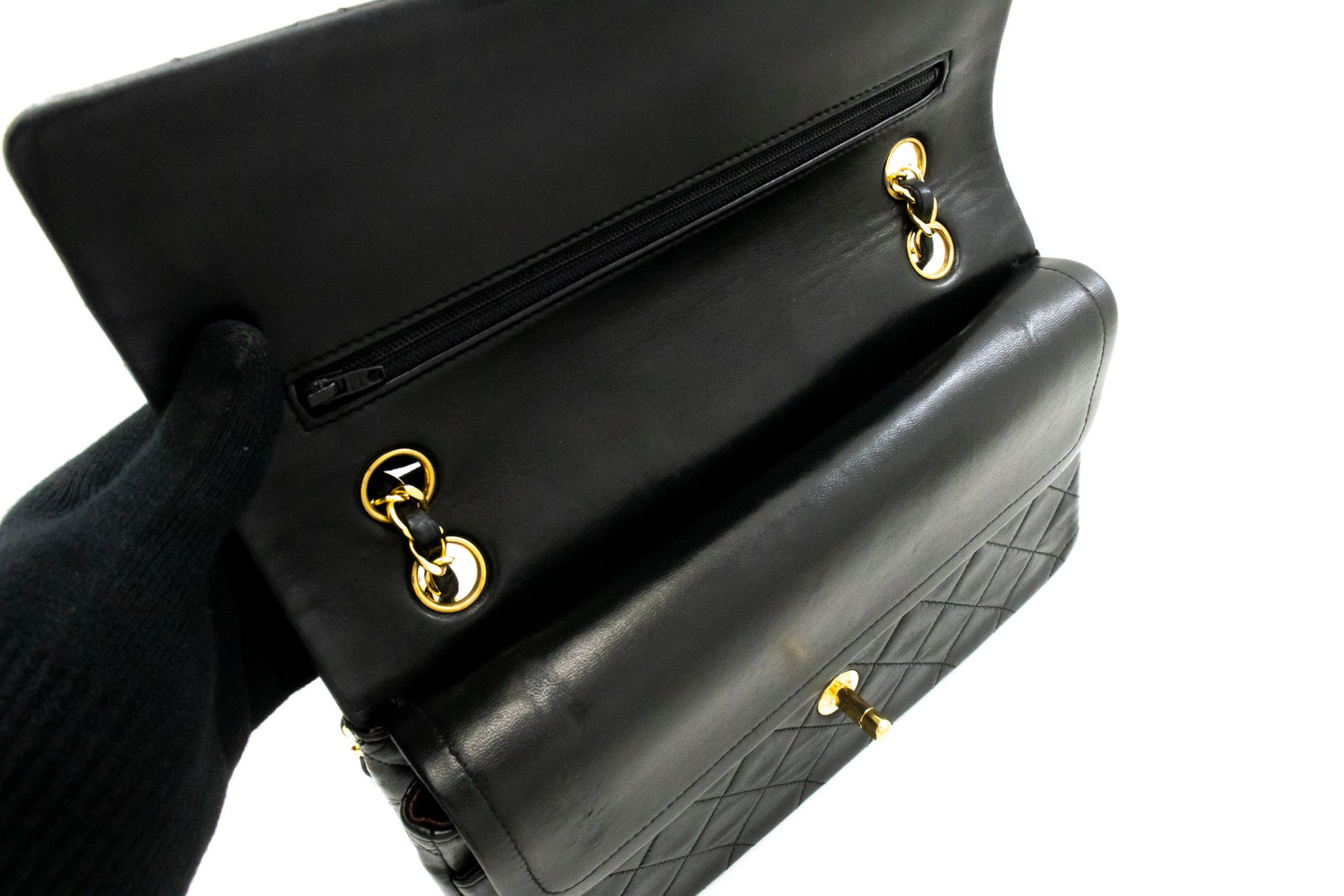 CHANEL Classic Double Flap 10" Kettenschultertasche aus schwarzem Lammleder am2 hannari-shop