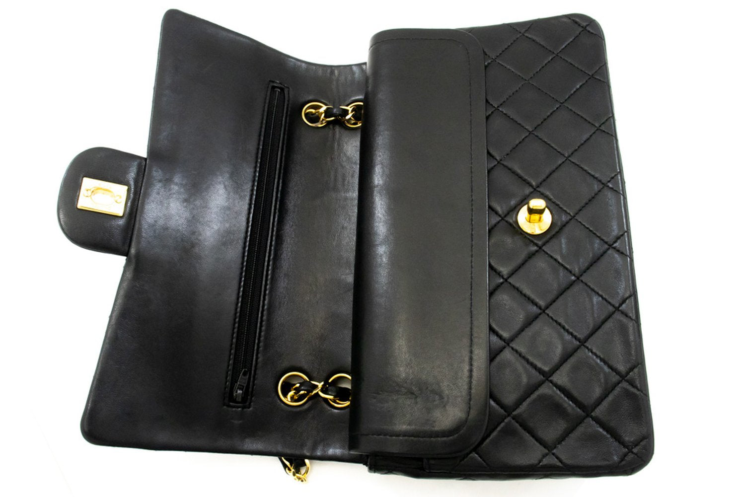 CHANEL Classic Double Flap 10" Kettenschultertasche aus schwarzem Lammleder am2 hannari-shop