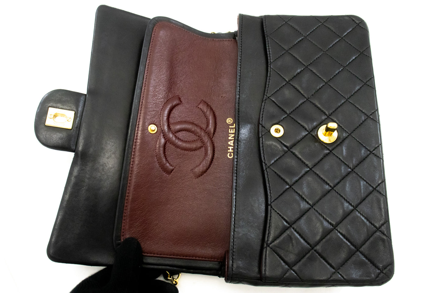 CHANEL Classic Double Flap 10" Kettenschultertasche aus schwarzem Lammleder am2 hannari-shop