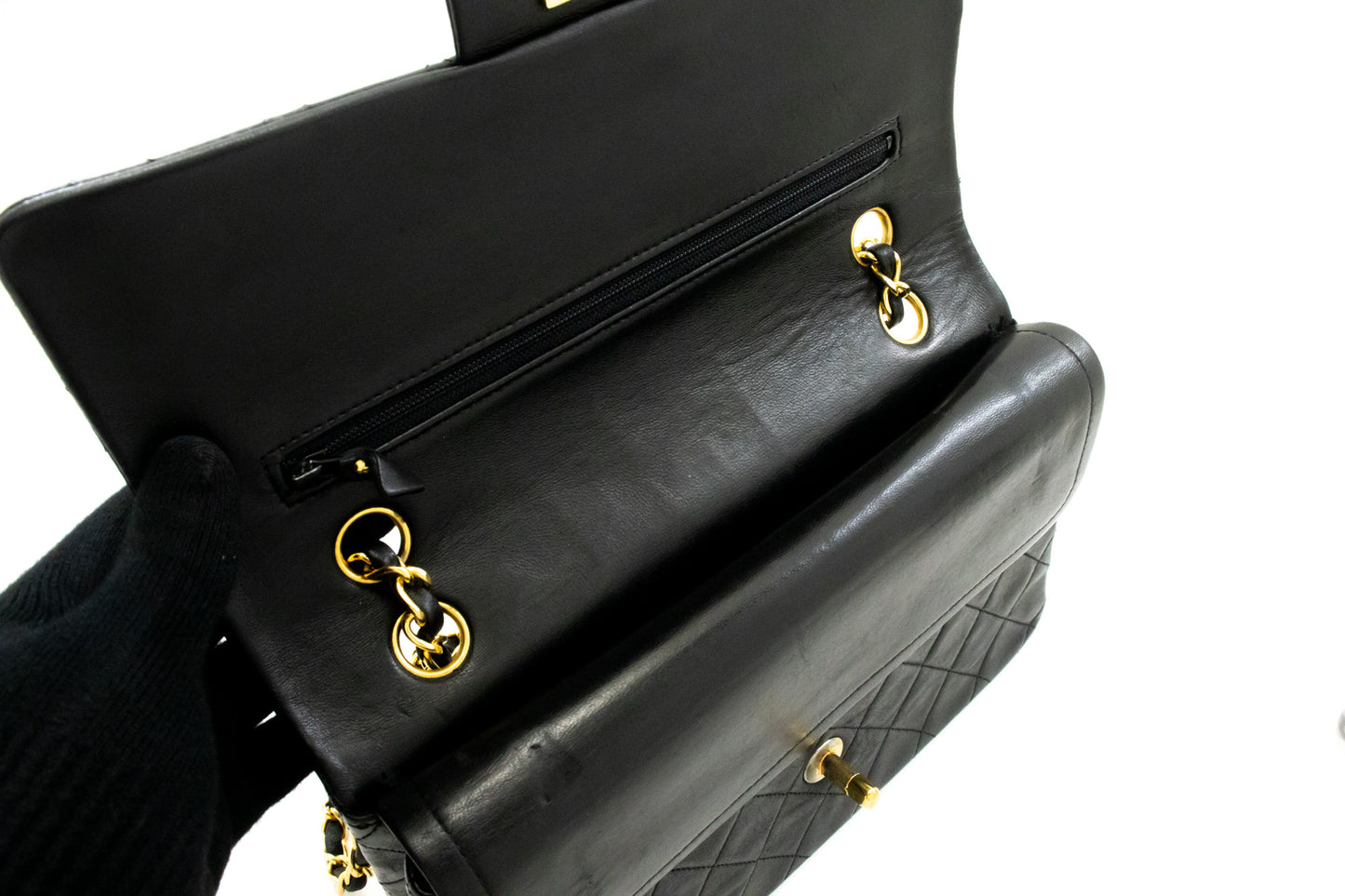 CHANEL Classic Double Flap 10" Chain Shoulder Bag Black Lambskin ak8 hannari-shop