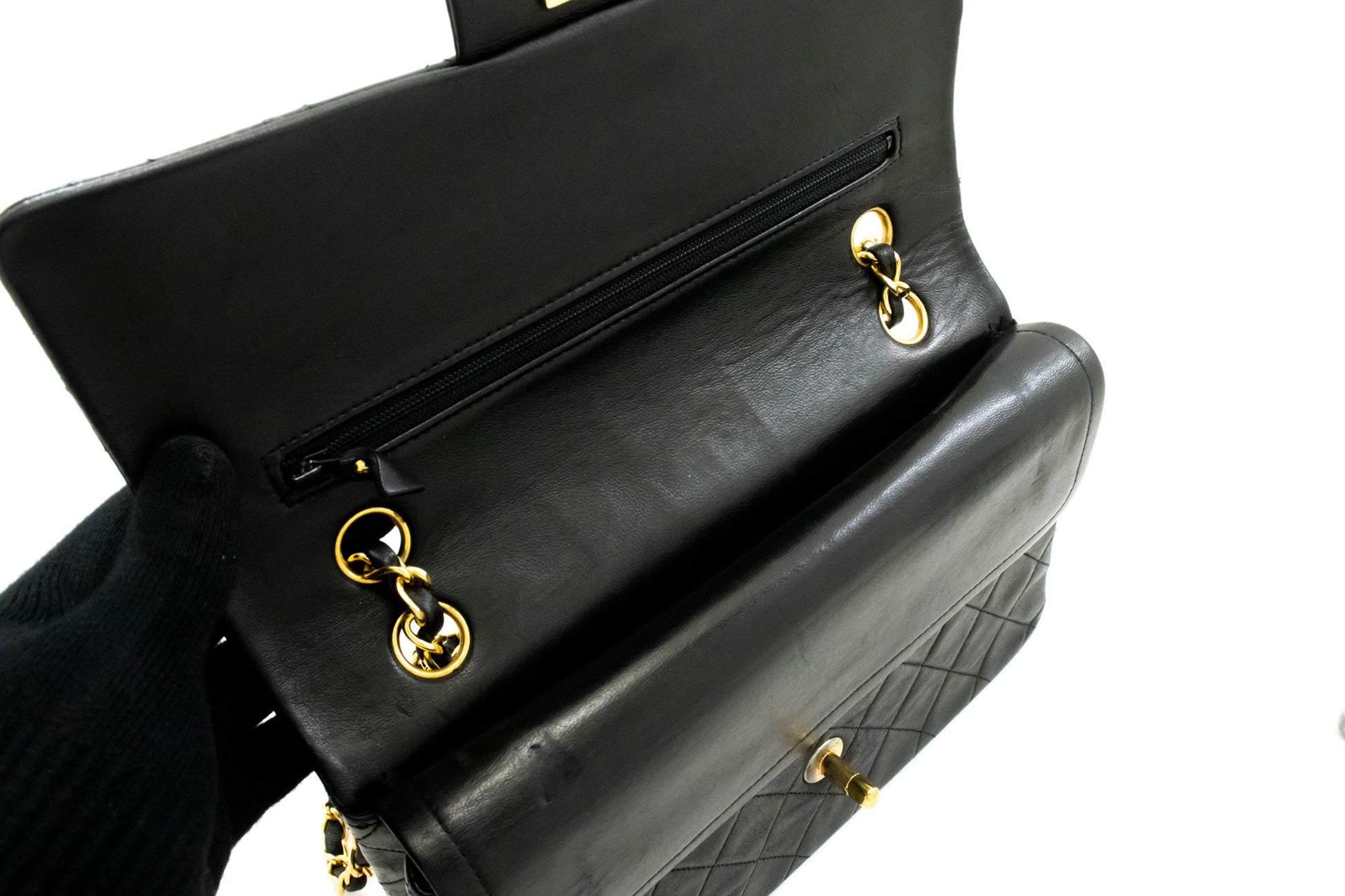 CHANEL Classic Double Flap 10" Chain Shoulder Bag Black Lambskin ak8 hannari-shop