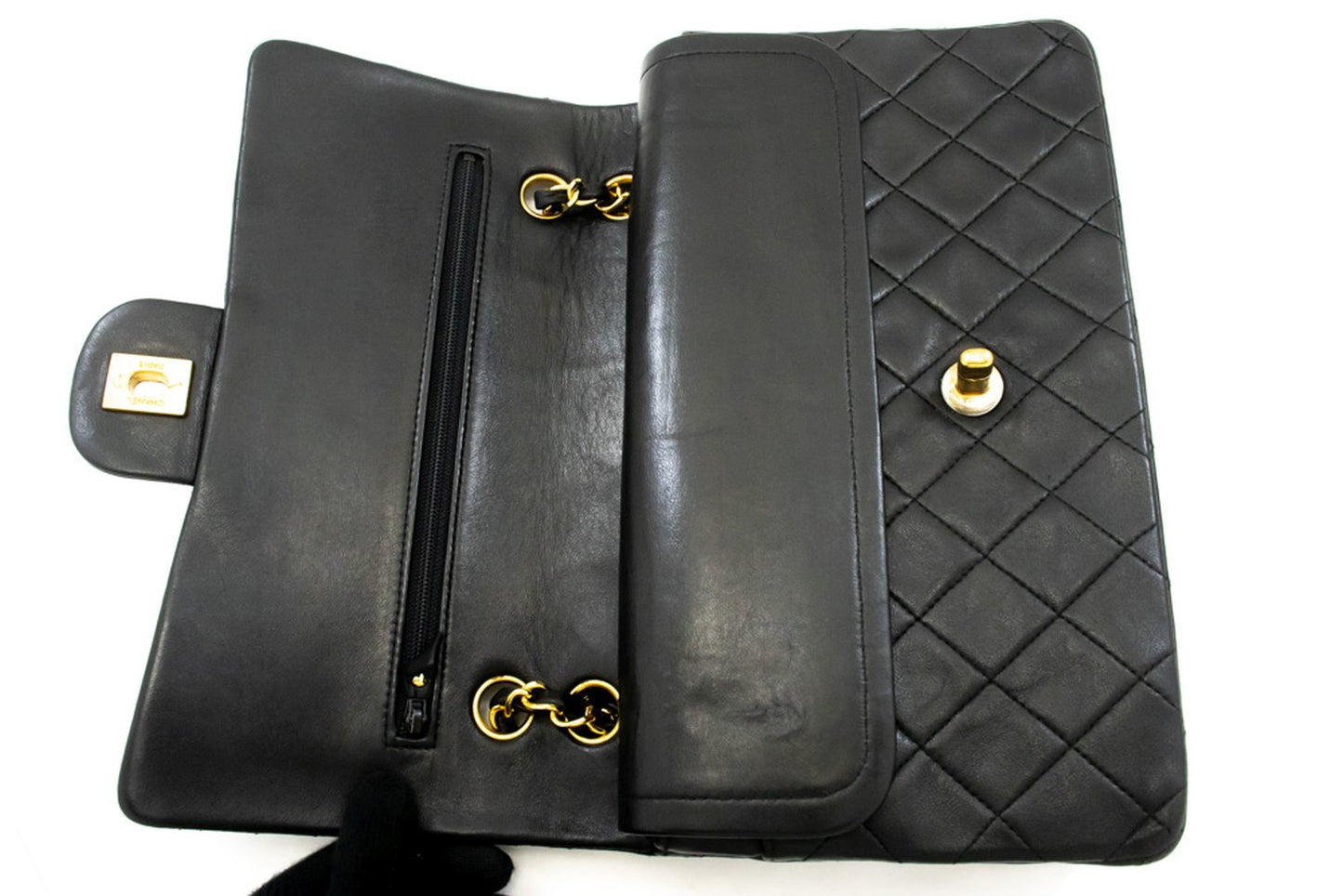 CHANEL Classic Double Flap 10" Chain Shoulder Bag Black Lambskin ak8 hannari-shop