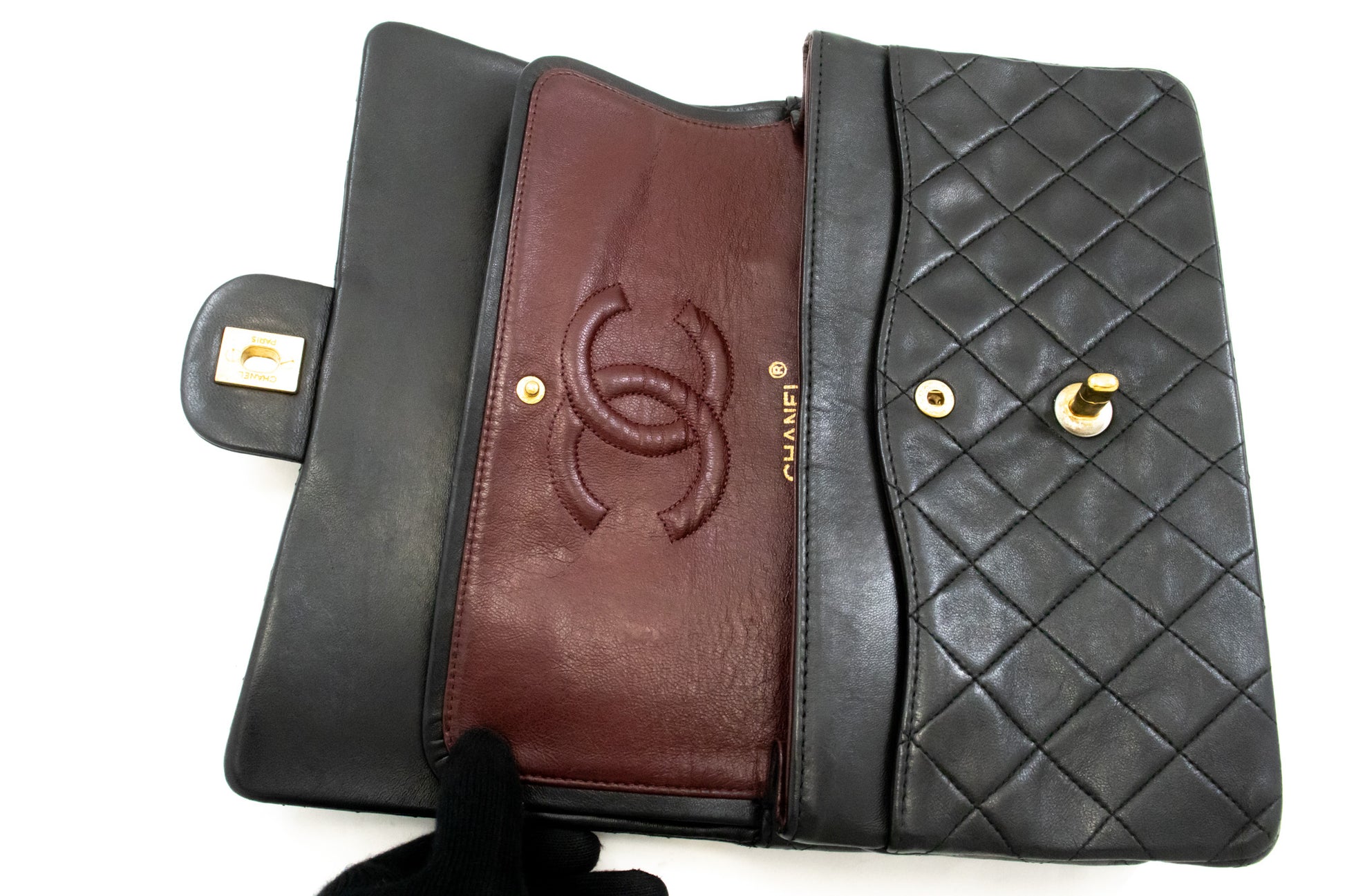 CHANEL Classic Double Flap 10" Chain Shoulder Bag Black Lambskin ak8 hannari-shop