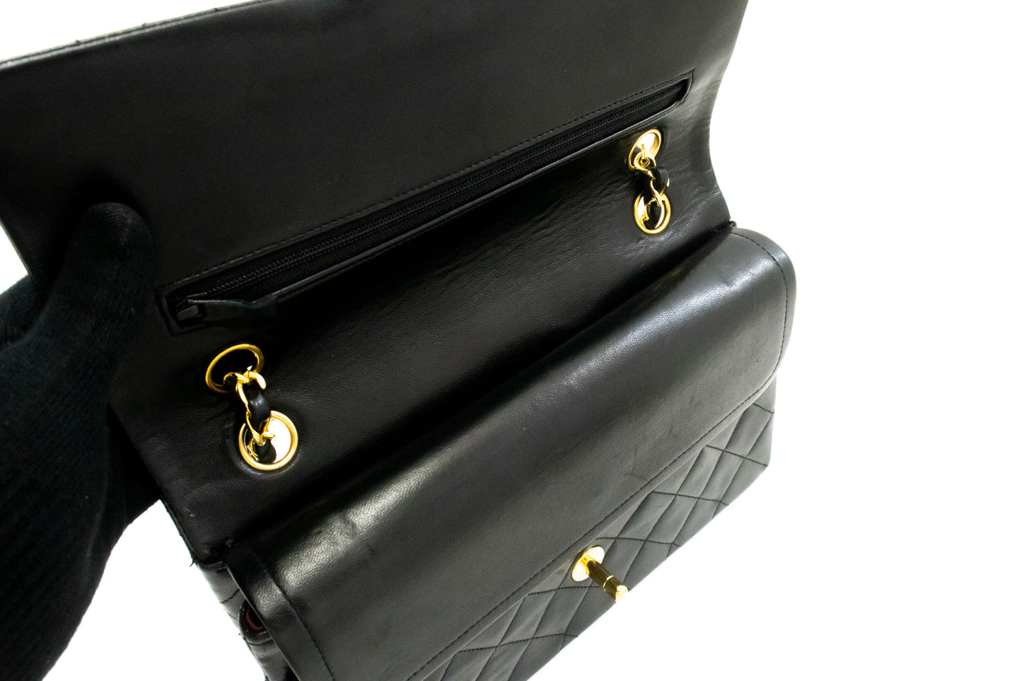 CHANEL Classic Double Flap 10" Ketten-Schultertasche Schwarz Lammleder ak9 hannari-shop