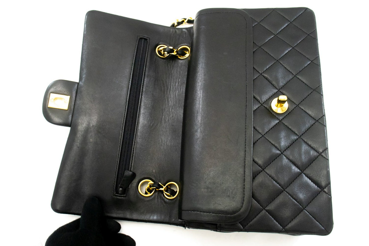 CHANEL Classic Double Flap 10" Ketten-Schultertasche Schwarz Lammleder ak9 hannari-shop