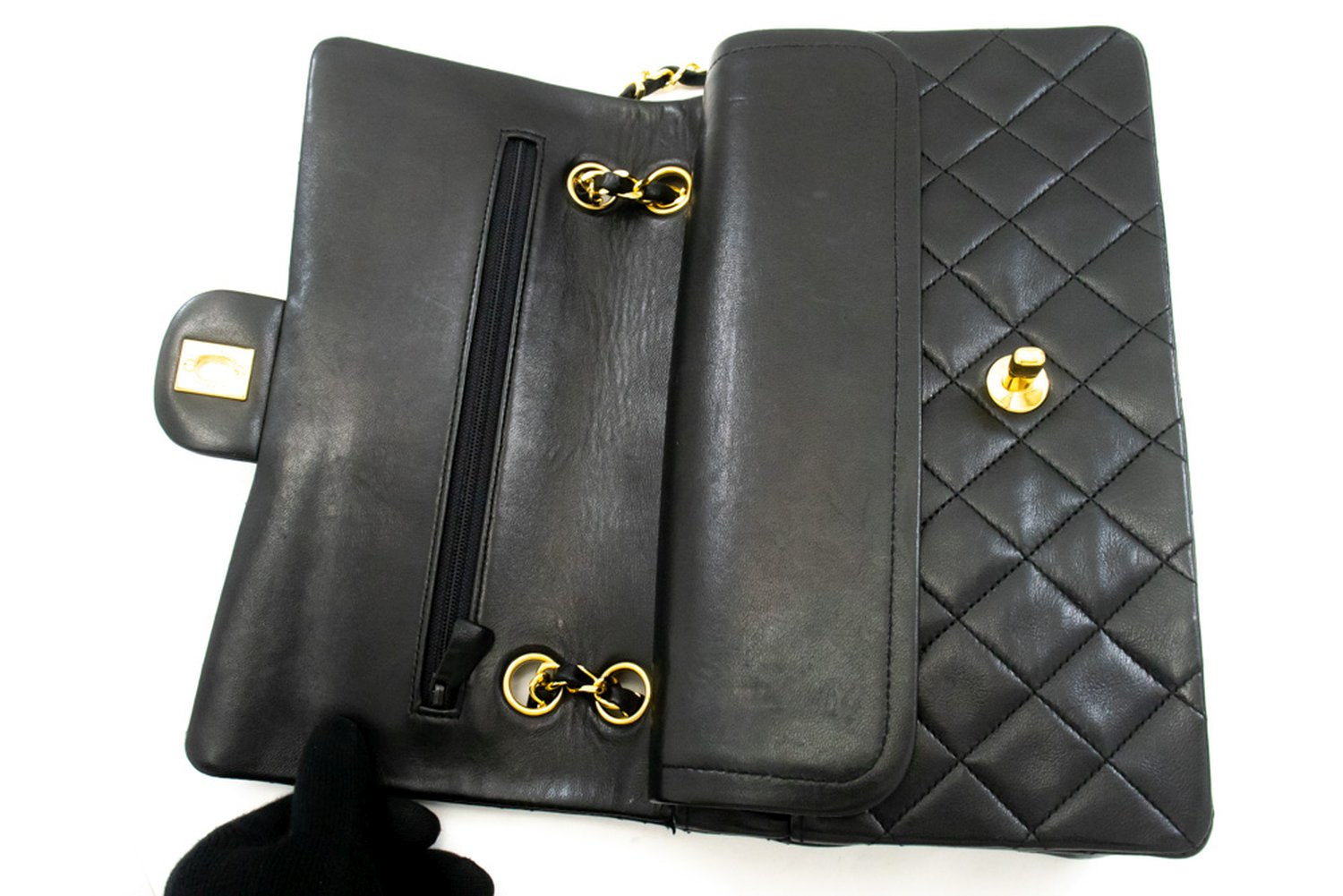 CHANEL Classic Double Flap 10" Ketten-Schultertasche Schwarz Lammleder ak9 hannari-shop