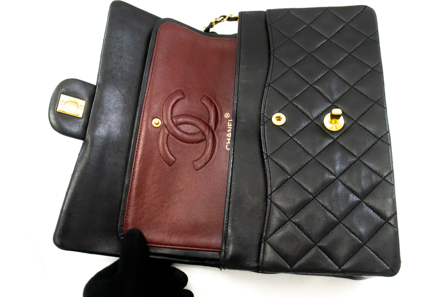 CHANEL Classic Double Flap 10" Ketten-Schultertasche Schwarz Lammleder ak9 hannari-shop