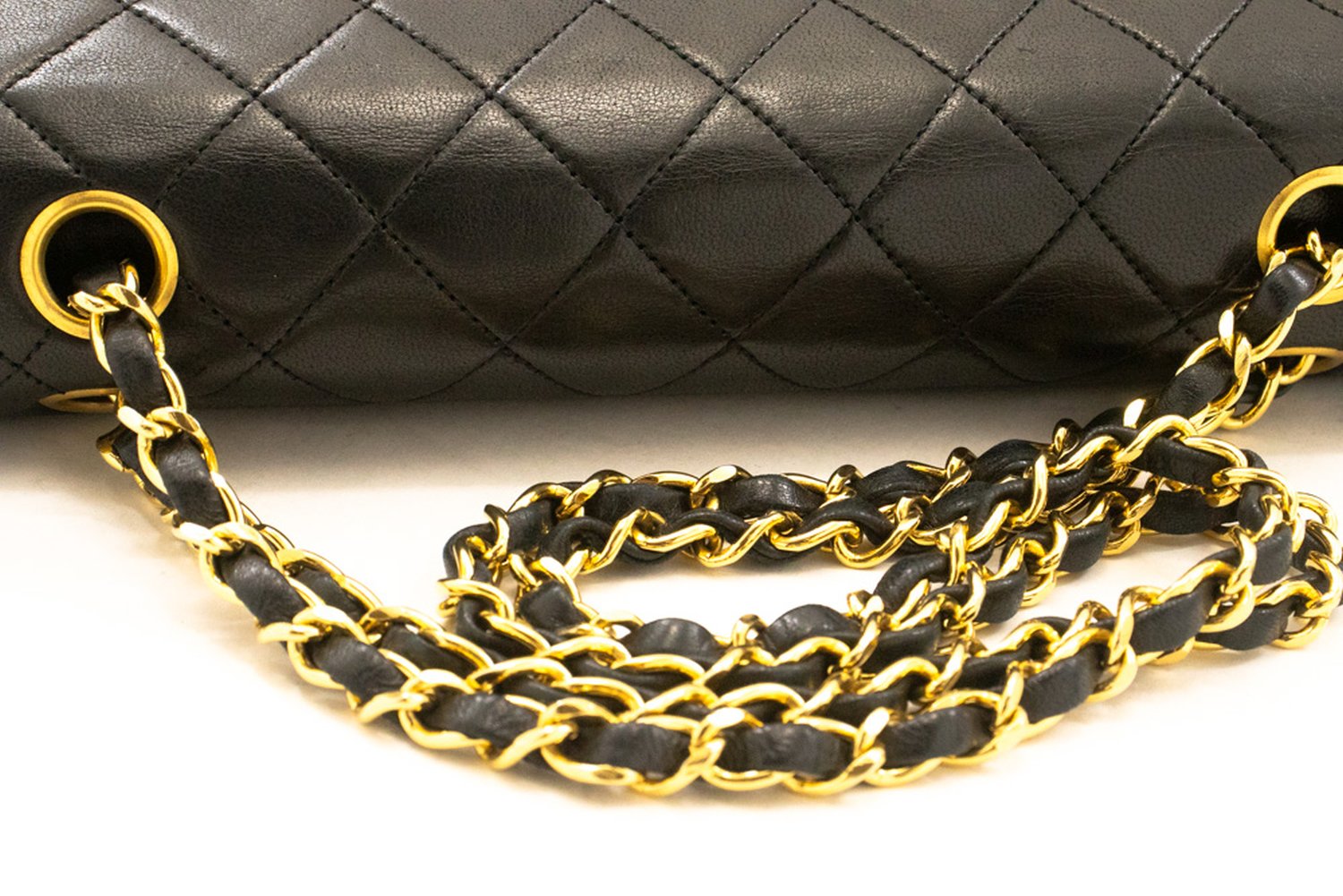 CHANEL Classic Double Flap 10" Ketten-Umhängetasche Schwarz Lammleder ak7 hannari-shop