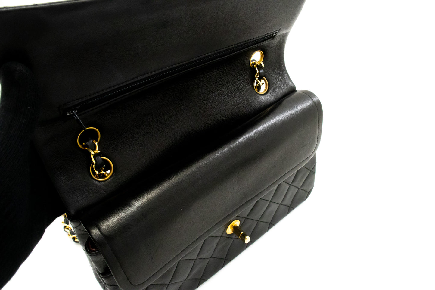 CHANEL Classic Double Flap 10" Ketten-Umhängetasche Schwarz Lammleder ak7 hannari-shop