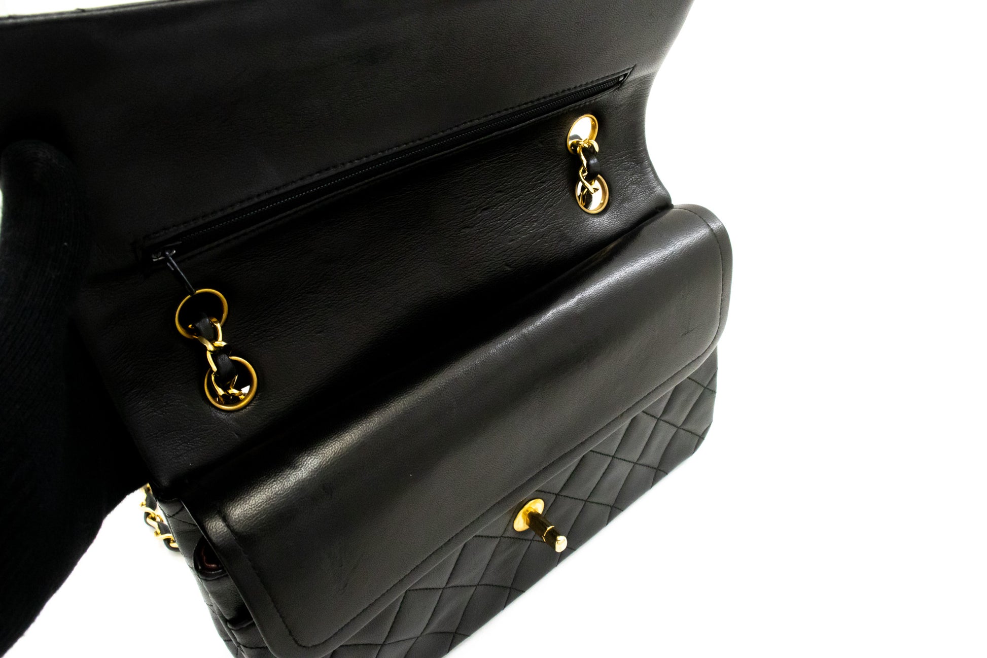 CHANEL Classic Double Flap 10" Ketten-Umhängetasche Schwarz Lammleder ak7 hannari-shop