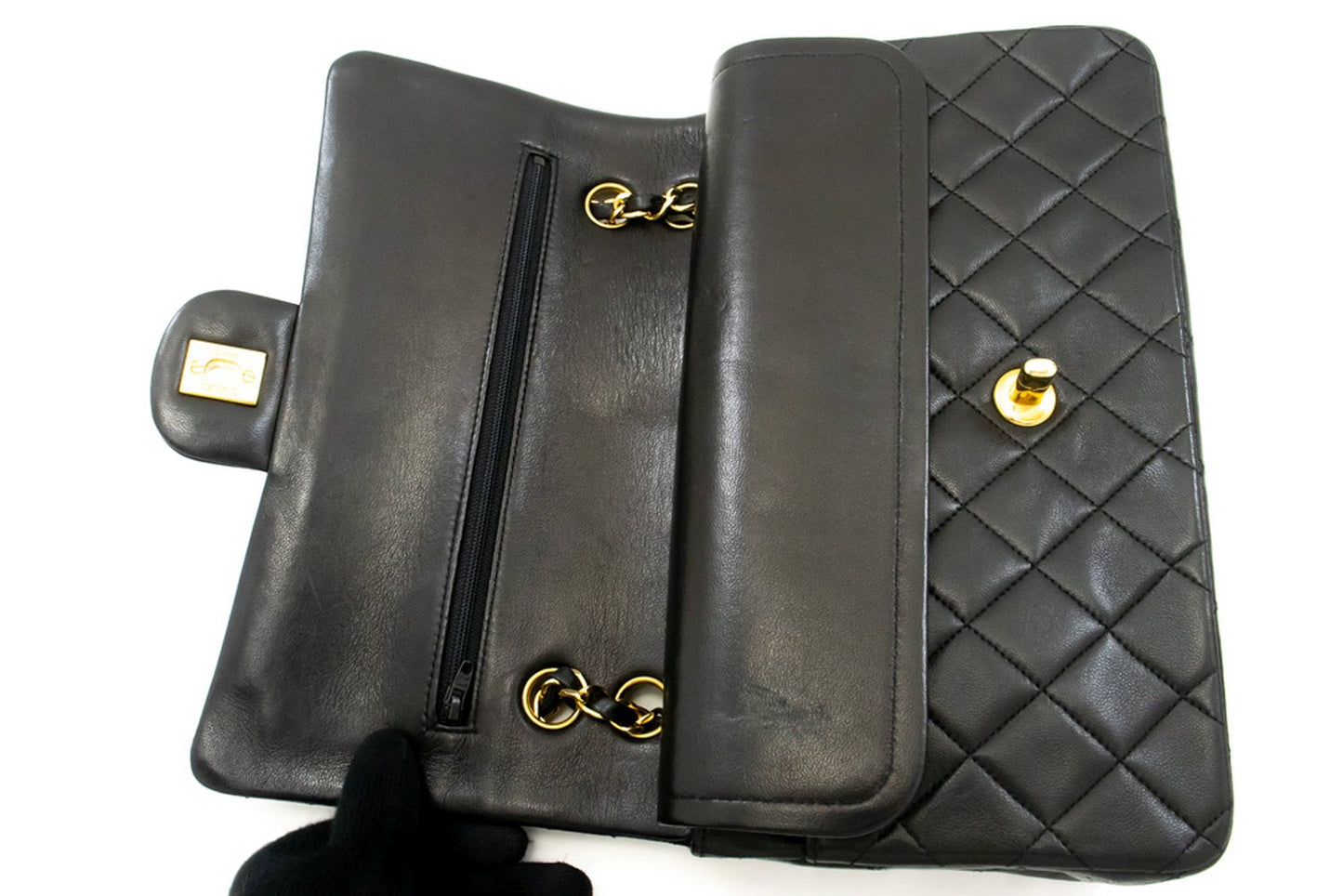 CHANEL Classic Double Flap 10" Ketten-Umhängetasche Schwarz Lammleder ak7 hannari-shop