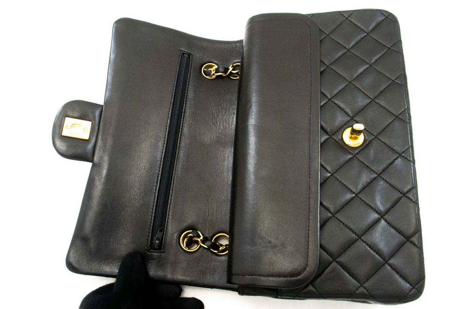 CHANEL Classic Double Flap 10" Ketten-Umhängetasche Schwarz Lammleder ak7 hannari-shop
