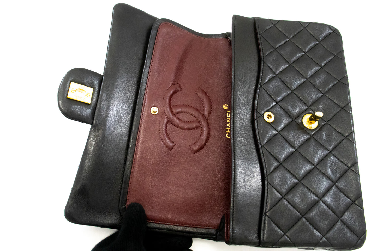 CHANEL Classic Double Flap 10" Ketten-Umhängetasche Schwarz Lammleder ak7 hannari-shop