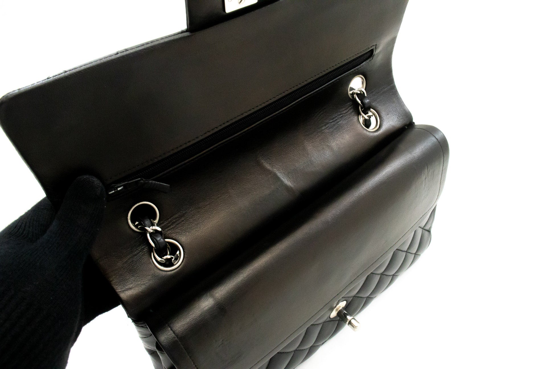 CHANEL Classic Double Flap 10" Chain Shoulder Bag Black Lambskin am5 hannari-shop
