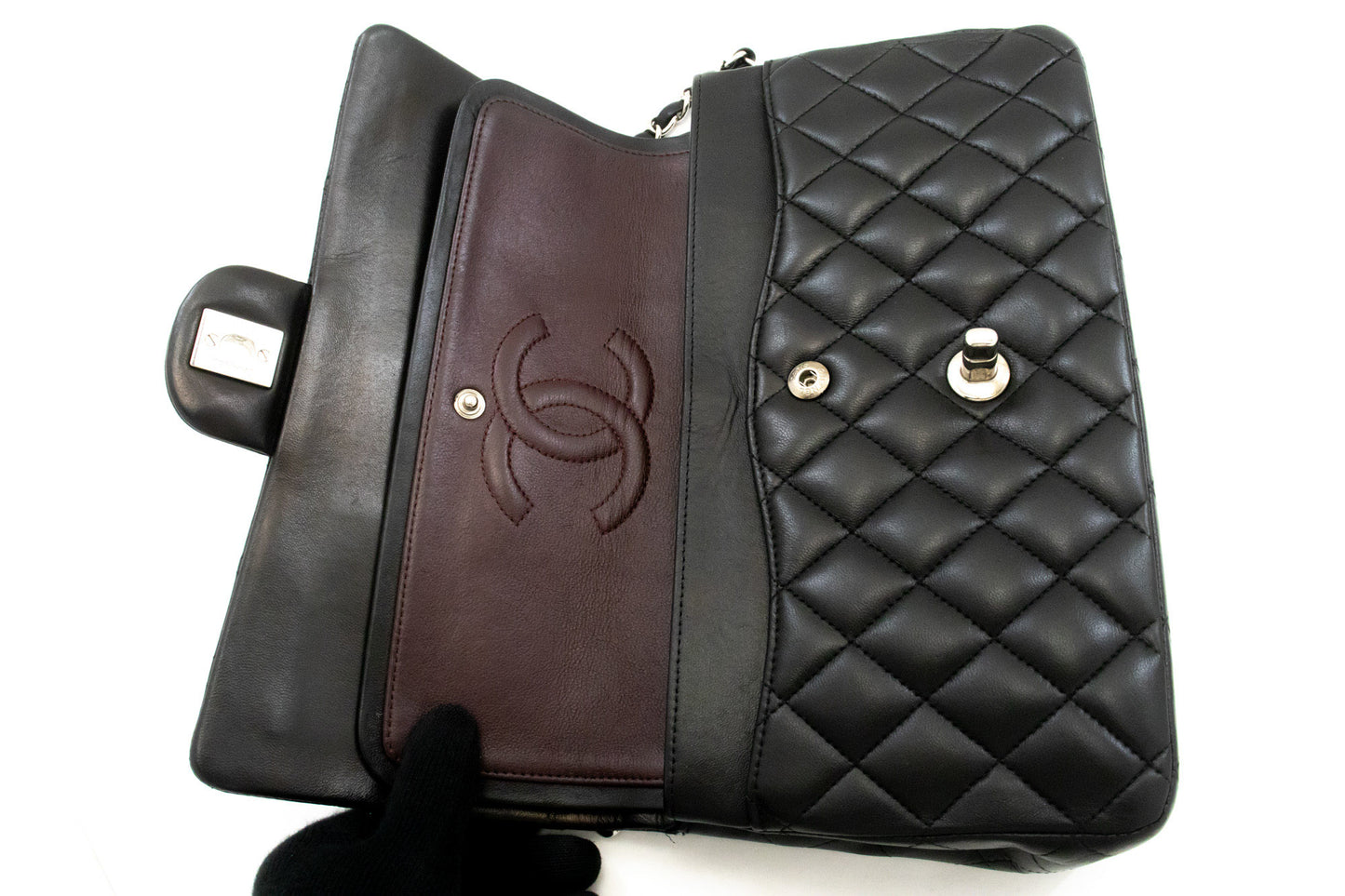 CHANEL Classic Double Flap 10" Chain Shoulder Bag Black Lambskin am5 hannari-shop