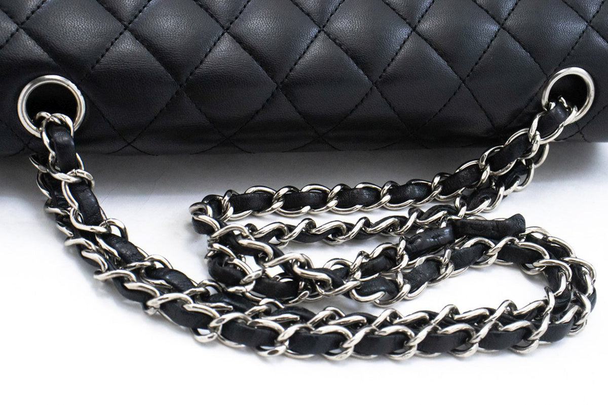 CHANEL Classic Double Flap 10" Chain Shoulder Bag Black Lambskin am6 hannari-shop