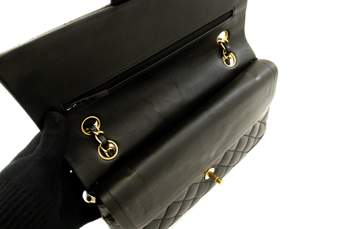 CHANEL Classic Double Flap 10" Chain Shoulder Bag Black Lambskin aq1 hannari-shop