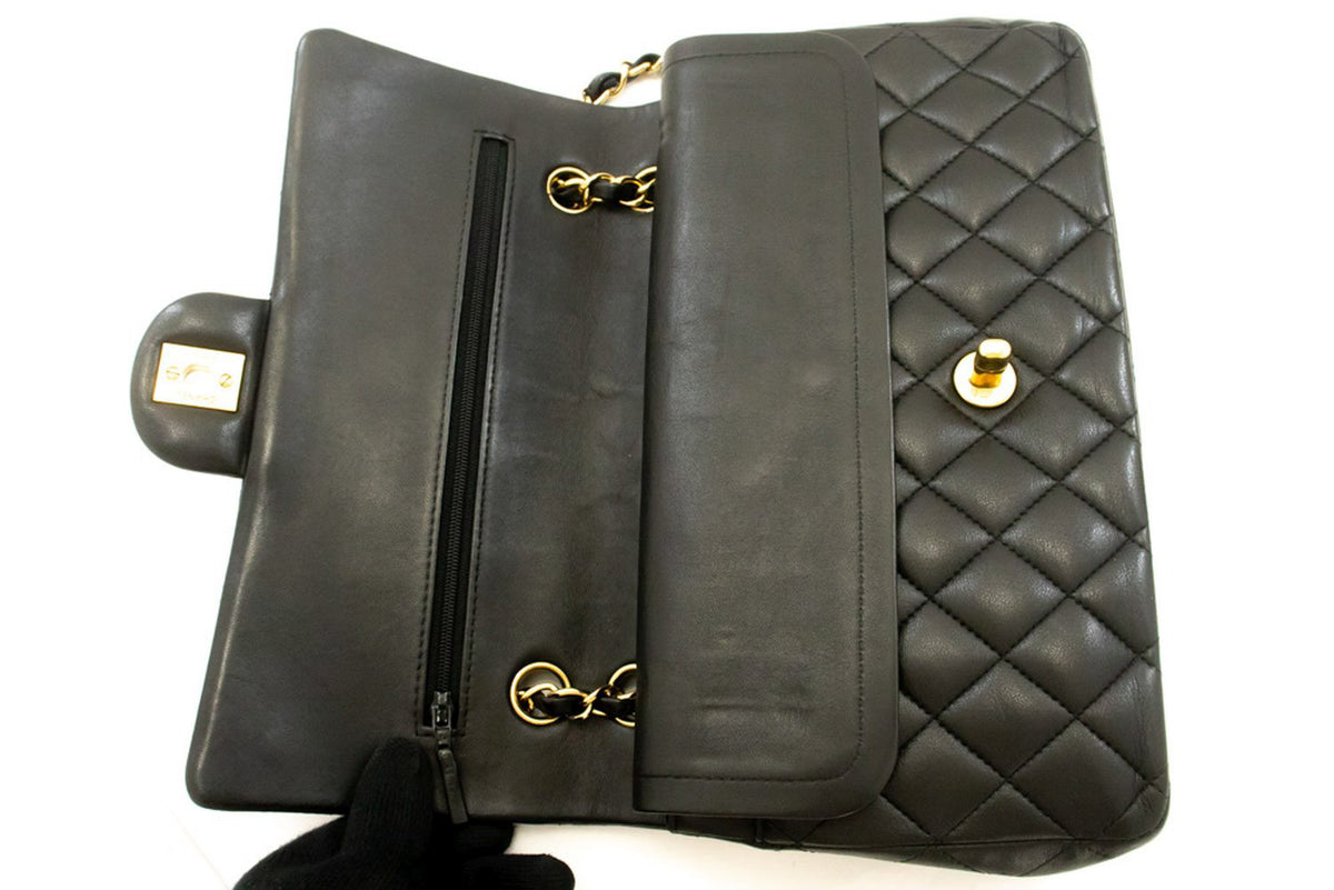 CHANEL Classic Double Flap 10" Chain Shoulder Bag Black Lambskin aq1 hannari-shop
