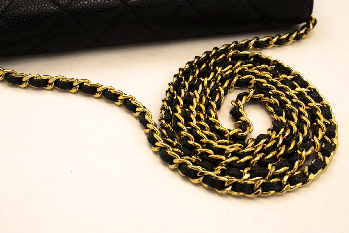 CHANEL Grained Calfskin Wallet On Chain WOC Black Shoulder Bag ap1 — flap open hannari-shop