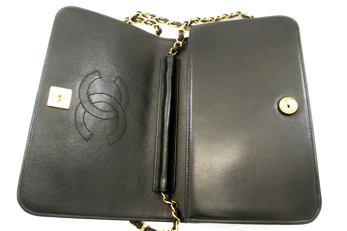 CHANEL Full Flap Ketten-Umhängetasche Clutch Schwarz Stepp-Lammleder ao5 hannari-shop