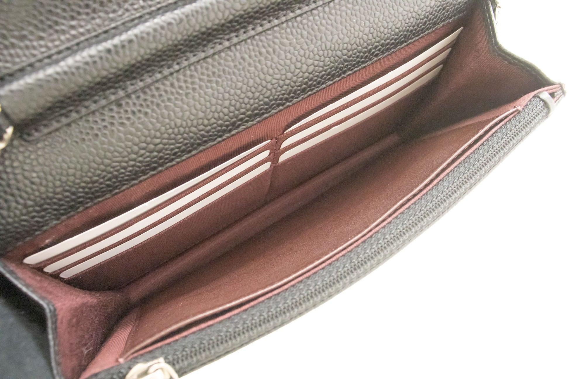 CHANEL Geldbörse mit Kette WOC aus genarbtem Kalbsleder, schwarze Schultertasche p60 hannari-shop