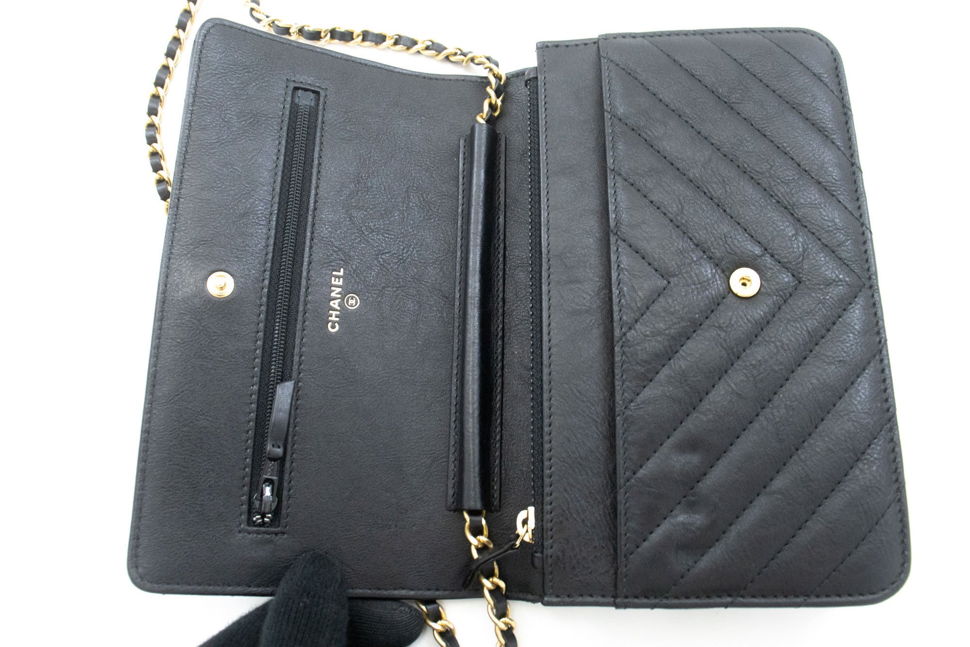 CHANEL V-Stitch Geldbörse aus Kalbsleder mit Kette WOC Umhängetasche ab2 hannari-shop