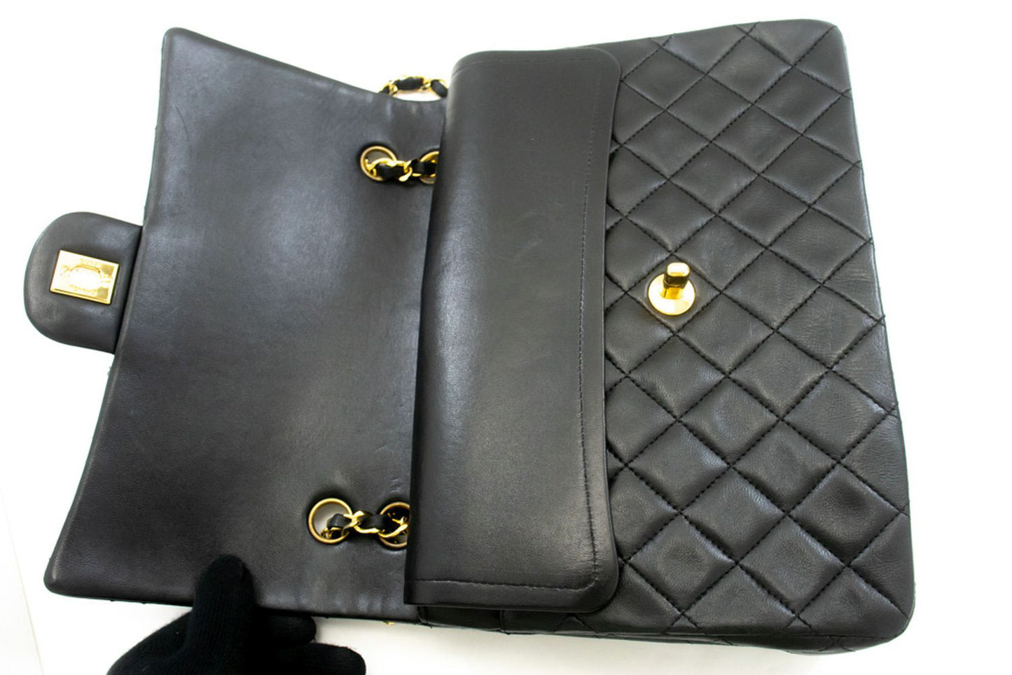 CHANEL Classic Double Flap Square Chain Schultertasche Schwarz Lamm ad7 hannari-shop