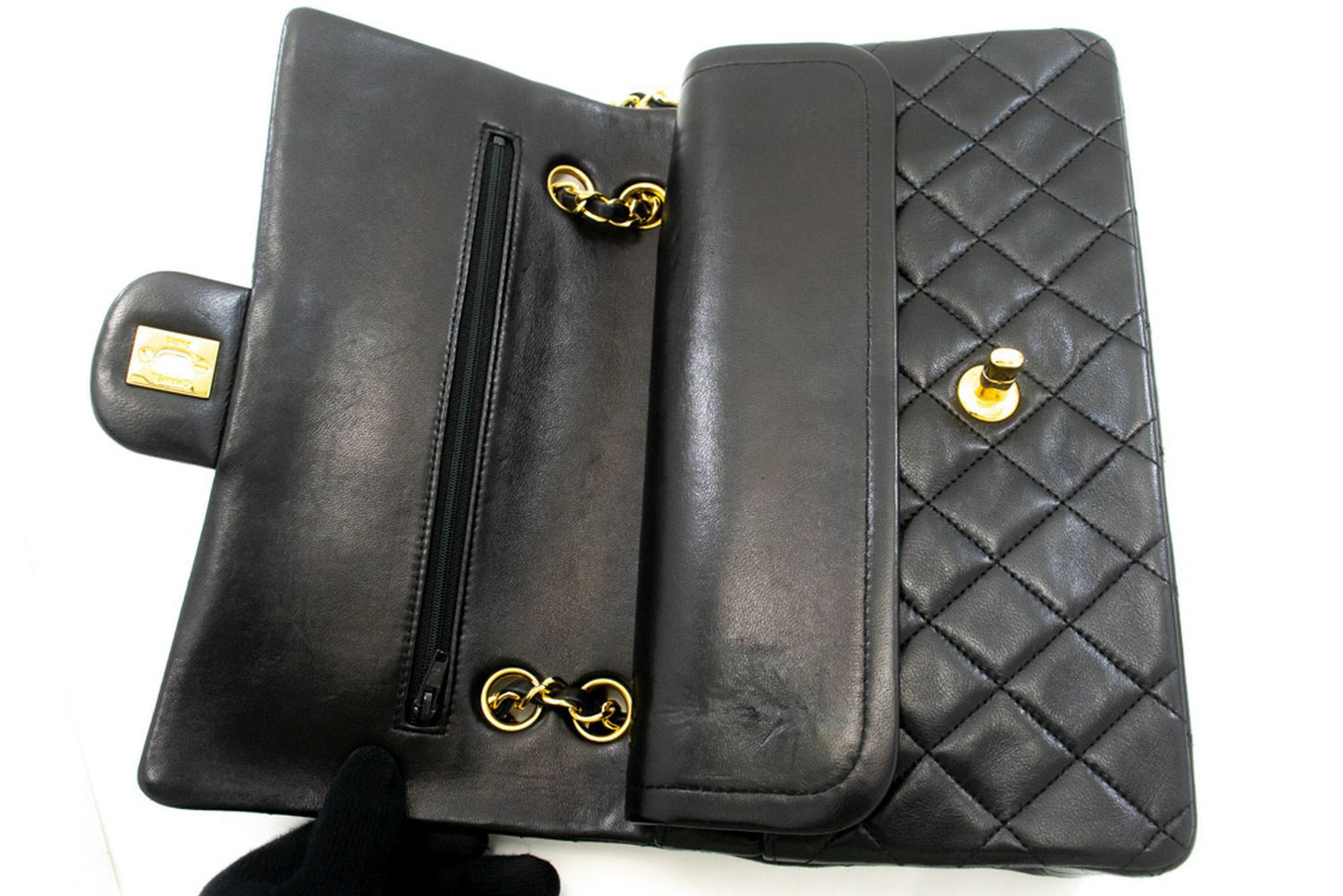 CHANEL Classic Double Flap 10" Kettenschultertasche Schwarz Lammleder ad8 hannari-shop