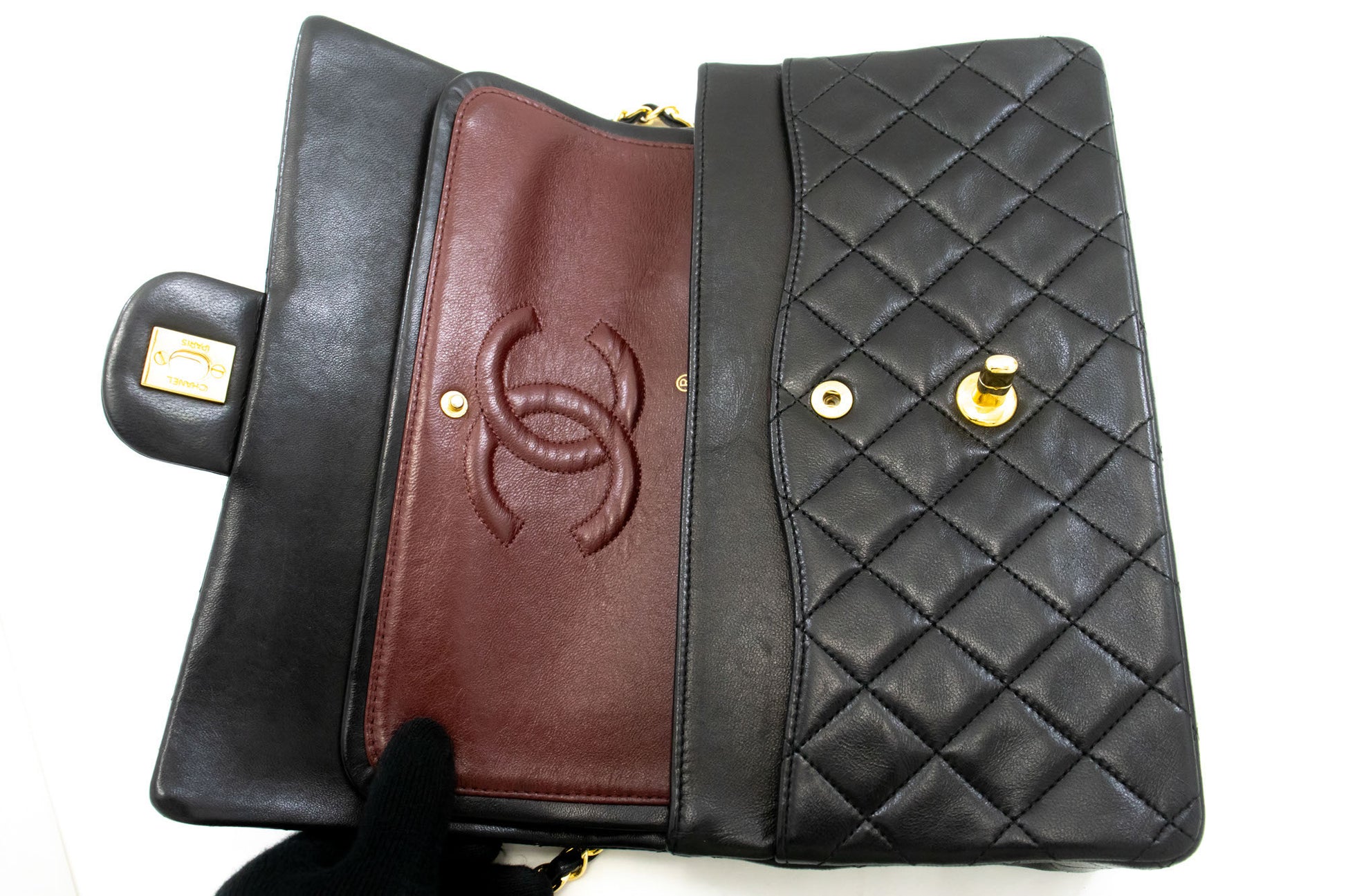 CHANEL Classic Double Flap 10" Kettenschultertasche Schwarz Lammleder ad8 hannari-shop