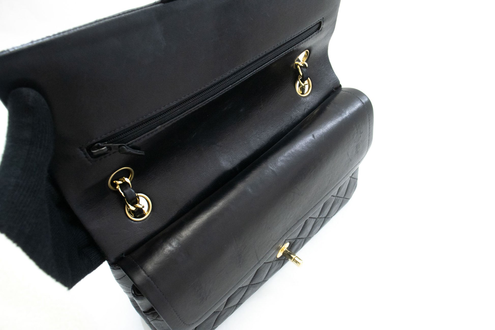 CHANEL Classic Double Flap 10" Kettenschultertasche Schwarz Lammleder ac9 hannari-shop
