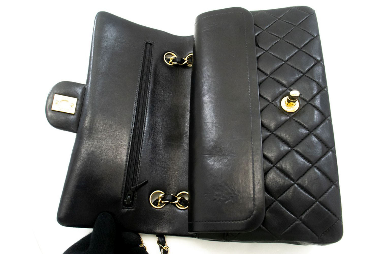 CHANEL Classic Double Flap 10" Kettenschultertasche Schwarz Lammleder ac9 hannari-shop