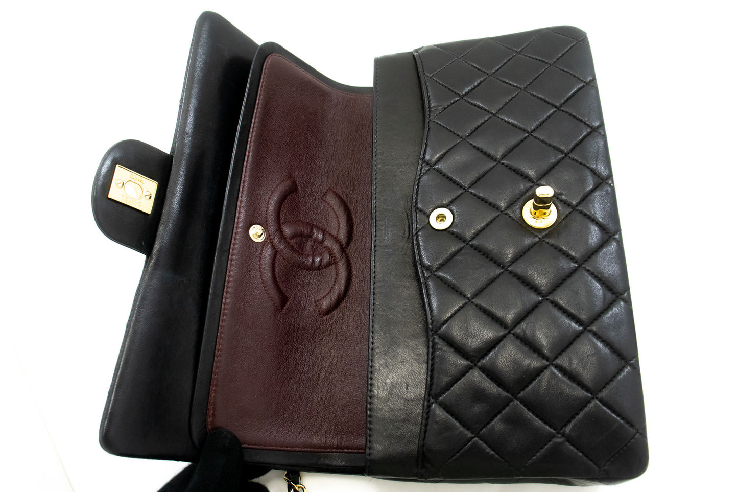 CHANEL Classic Double Flap 10" Kettenschultertasche Schwarz Lammleder ac9 hannari-shop