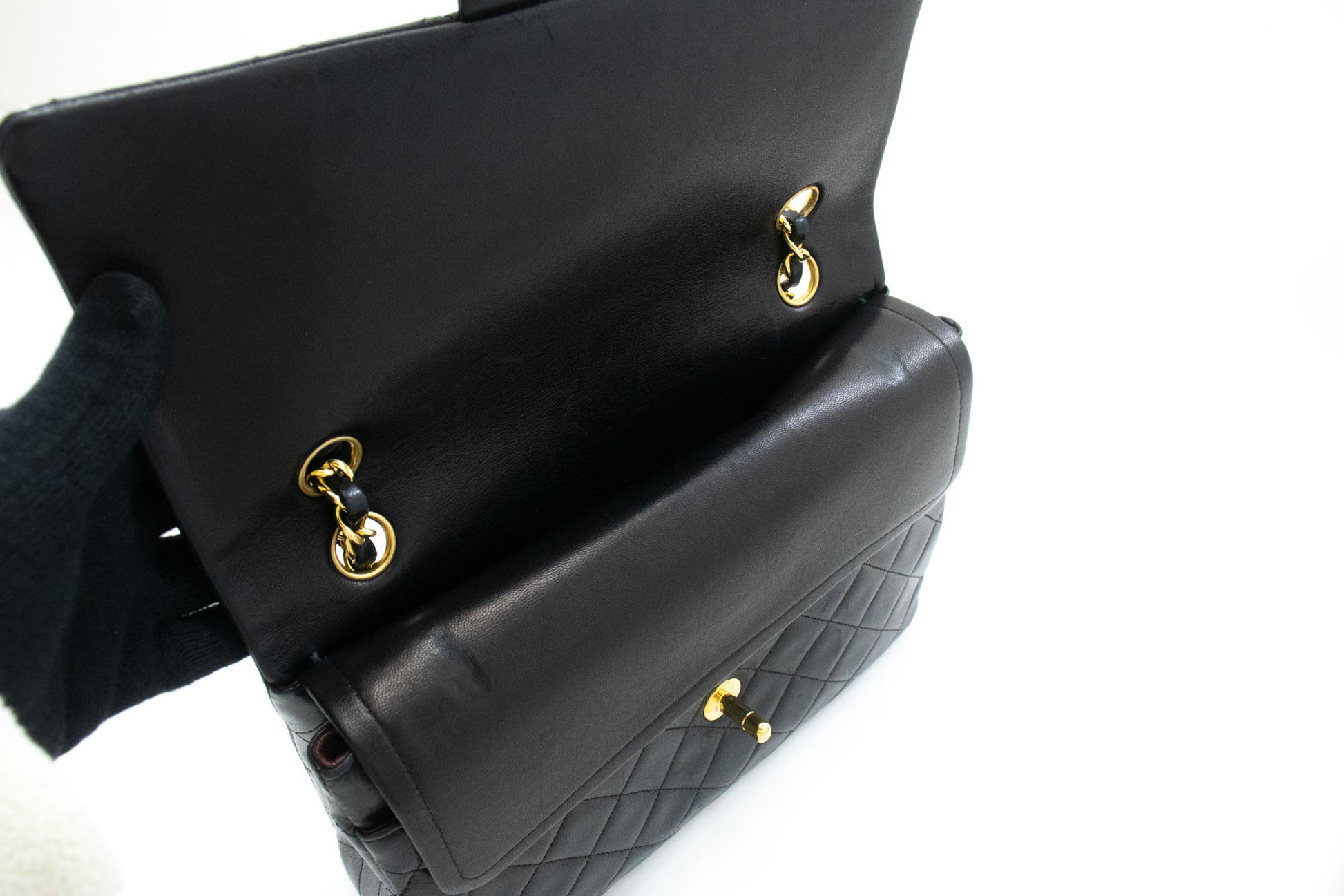 CHANEL Classic Double Flap Square Chain Schultertasche Schwarz Lamm ad1 hannari-shop