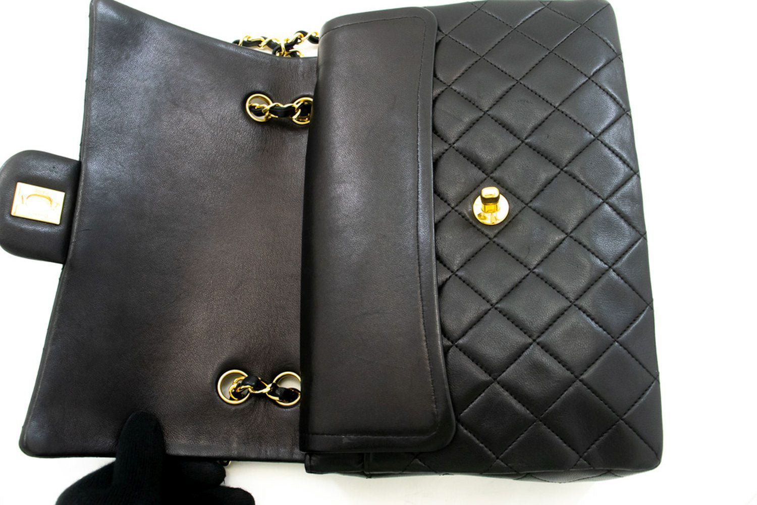 CHANEL Classic Double Flap Square Chain Schultertasche Schwarz Lamm ad1 hannari-shop