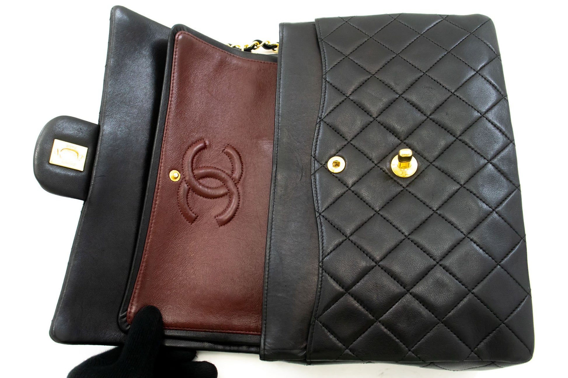 CHANEL Classic Double Flap Square Chain Schultertasche Schwarz Lamm ad1 hannari-shop
