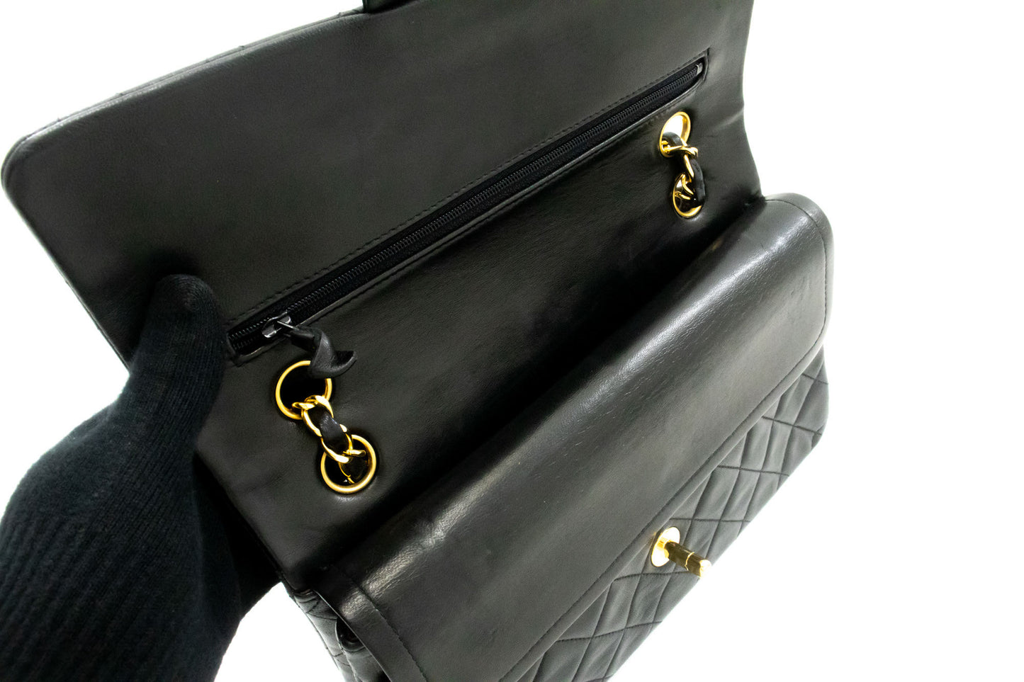 CHANEL Classic Double Flap 10" Schultertasche mit Kette, Schwarz, Lammleder ag1 hannari-shop