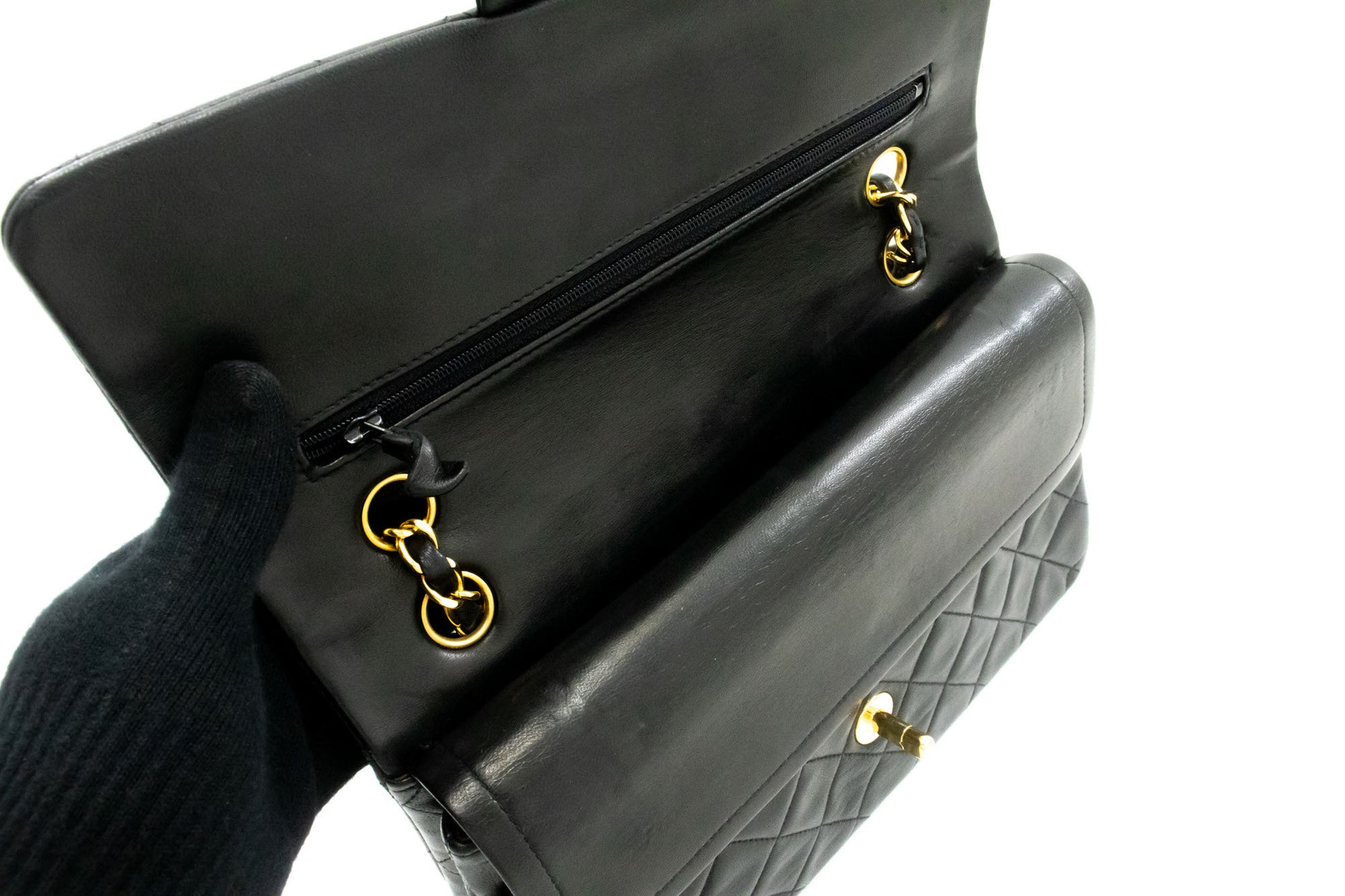 CHANEL Classic Double Flap 10" Schultertasche mit Kette, Schwarz, Lammleder ag1 hannari-shop