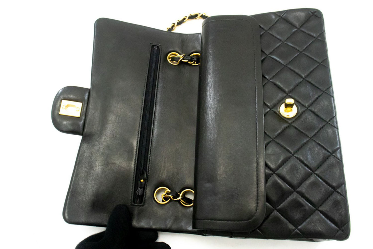 CHANEL Classic Double Flap 10" Schultertasche mit Kette, Schwarz, Lammleder ag1 hannari-shop