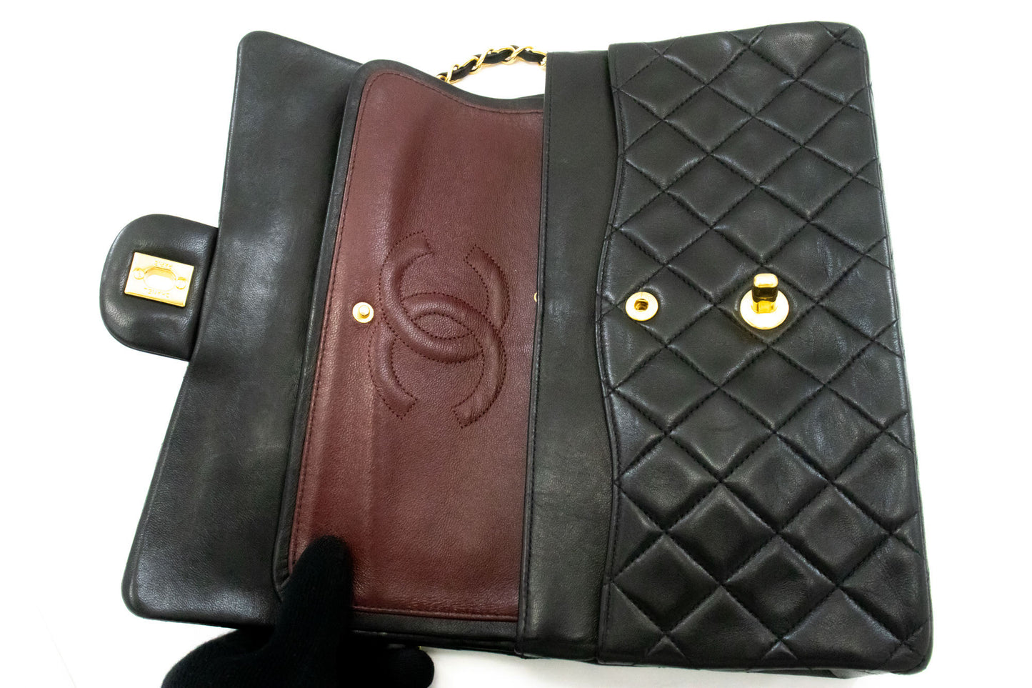 CHANEL Classic Double Flap 10" Schultertasche mit Kette, Schwarz, Lammleder ag1 hannari-shop
