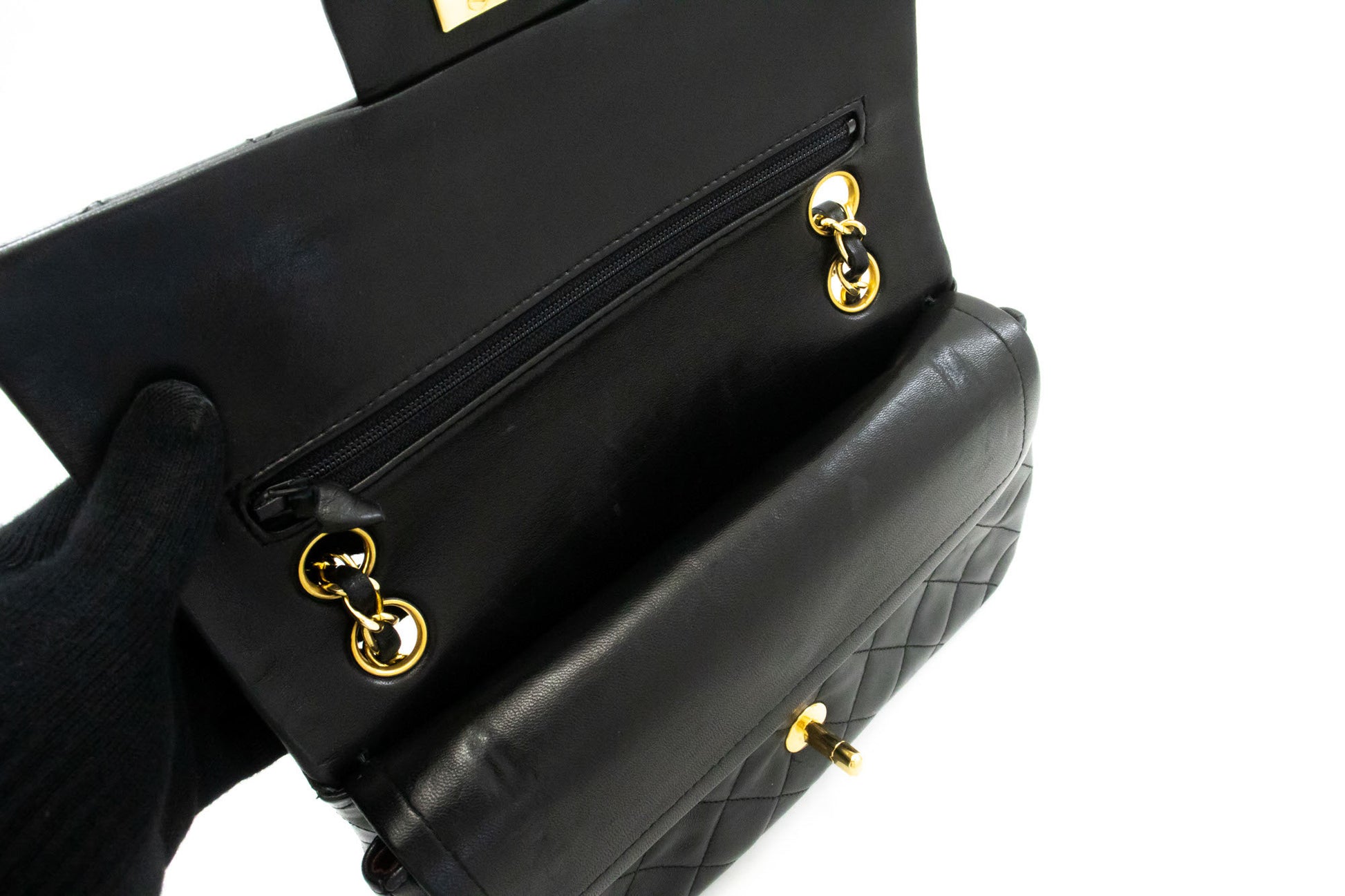 CHANEL Classic Double Flap 9" Chain Schultertasche Schwarz Lammleder ag6 hannari-shop