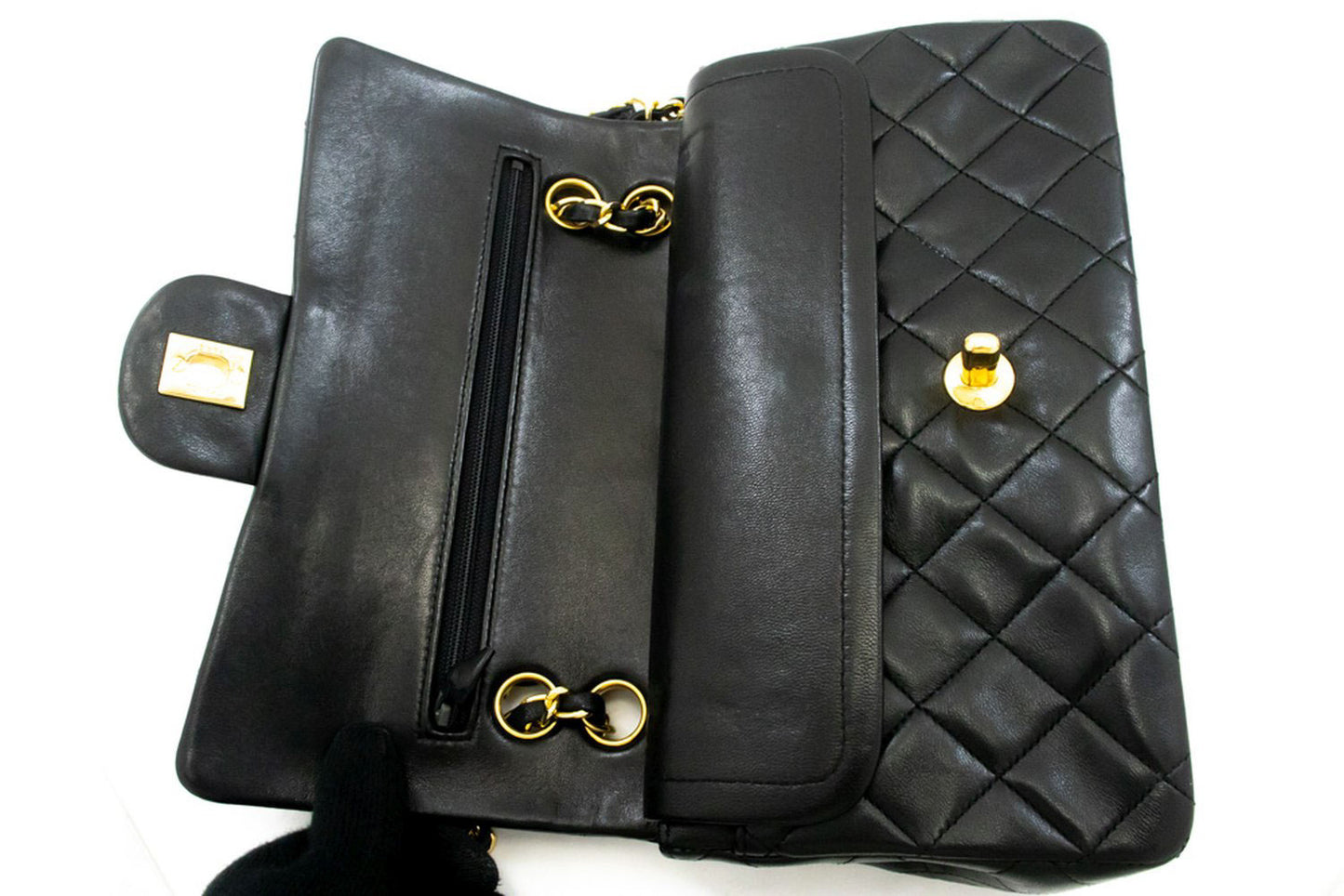 CHANEL Classic Double Flap 9" Chain Schultertasche Schwarz Lammleder ag6 hannari-shop