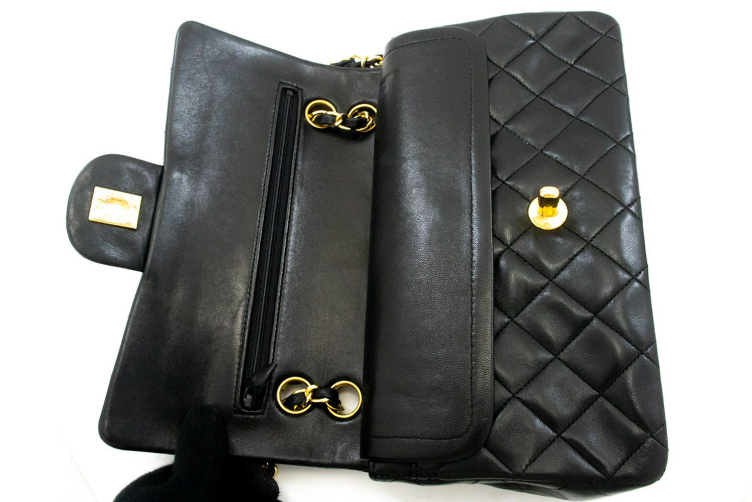 CHANEL Classic Double Flap 9" Chain Schultertasche Schwarz Lammleder ag6 hannari-shop