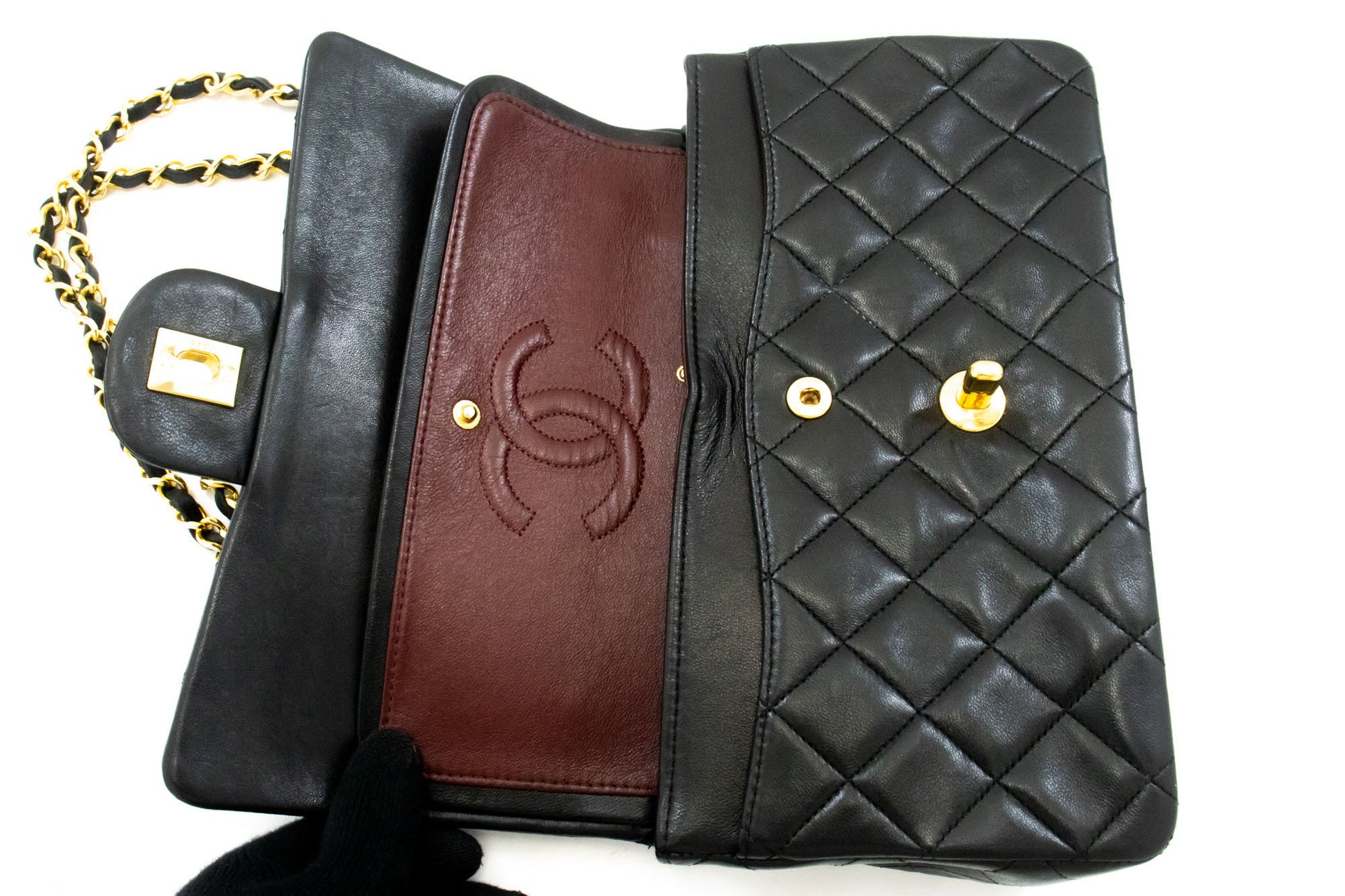CHANEL Classic Double Flap 9" Chain Schultertasche Schwarz Lammleder ag6 hannari-shop